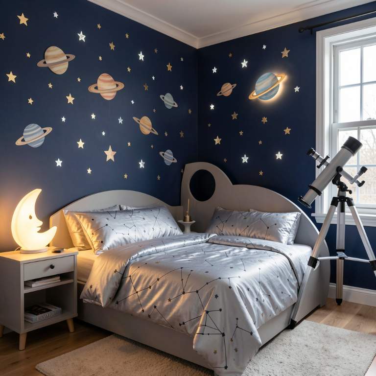 A boy's bedroom with dark blue walls covered in glow-in-the-dark stars and planet decals, a rocket ship bed frame, silver bedding with constellation prints, a telescope by the window, warm ambient lighting from a moon-shaped lamp, vertical composition, Pinterest style, no text, no words, no letters, no signs, no watermarks A boy's bedroom with dark blue walls covered in glow-in-the-dark stars and planet decals, a rocket ship bed frame, silver bedding with constellation prints, a telescope by the window, warm ambient lighting from a moon-shaped lamp, vertical composition, Pinterest style, no text, no words, no letters, no signs, no watermarks