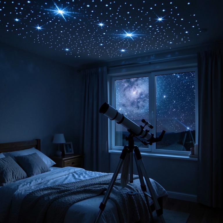 Close-up of a glow-in-the-dark star ceiling in a dark bedroom with a telescope pointed at the window, soft blue ambient light, cozy atmosphere, vertical composition, Pinterest style, no text, no words, no letters, no signs, no watermarks Close-up of a glow-in-the-dark star ceiling in a dark bedroom with a telescope pointed at the window, soft blue ambient light, cozy atmosphere, vertical composition, Pinterest style, no text, no words, no letters, no signs, no watermarks