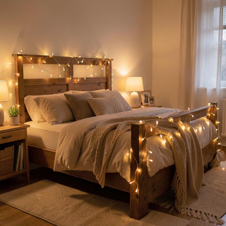 warm white string lights draped over a wooden bed frame in a cozy bedroom, soft ambient glow, no text, no words, no letters, no signs, no watermarks warm white string lights draped over a wooden bed frame in a cozy bedroom, soft ambient glow, no text, no words, no letters, no signs, no watermarks
