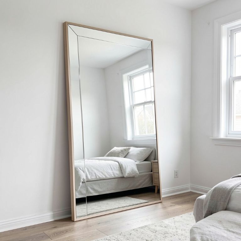 a large leaning floor mirror against a white wall in a small bedroom, reflecting a window and making the room appear twice as large, no text, no words, no letters, no signs, no watermarks a large leaning floor mirror against a white wall in a small bedroom, reflecting a window and making the room appear twice as large, no text, no words, no letters, no signs, no watermarks