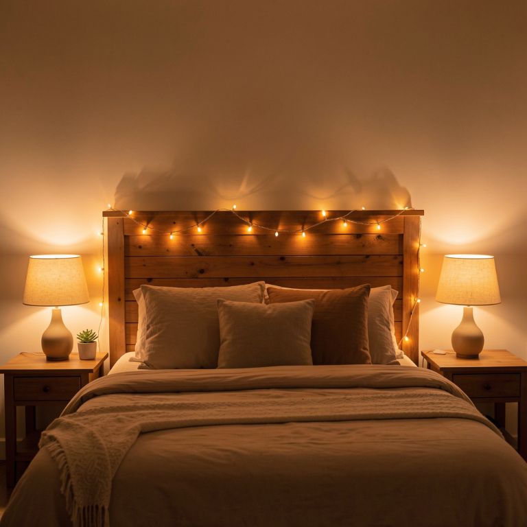 A cozy bedroom with warm amber string lights draped above a wooden headboard, soft bedside table lamps with fabric shades, dim warm glow throughout, evening ambiance, vertical composition, Pinterest style, no text, no words, no letters, no signs, no watermarks