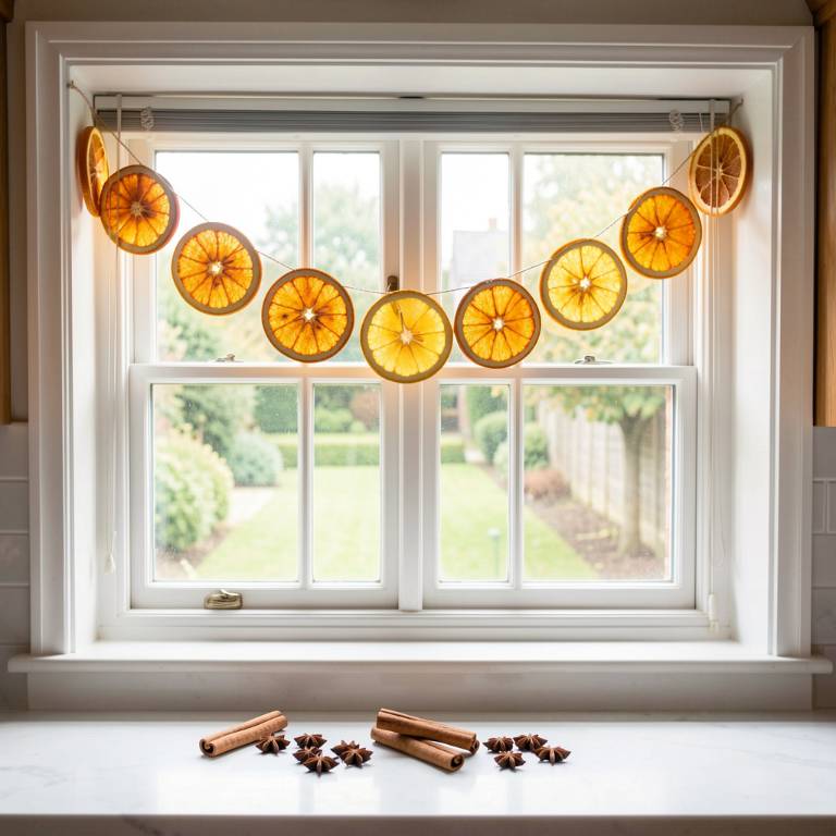 a kitchen window with dried orange slice garland hanging across the top, cinnamon sticks, and star anise scattered on the counter, natural light, no text, no words, no letters, no signs, no watermarks a kitchen window with dried orange slice garland hanging across the top, cinnamon sticks, and star anise scattered on the counter, natural light, no text, no words, no letters, no signs, no watermarks