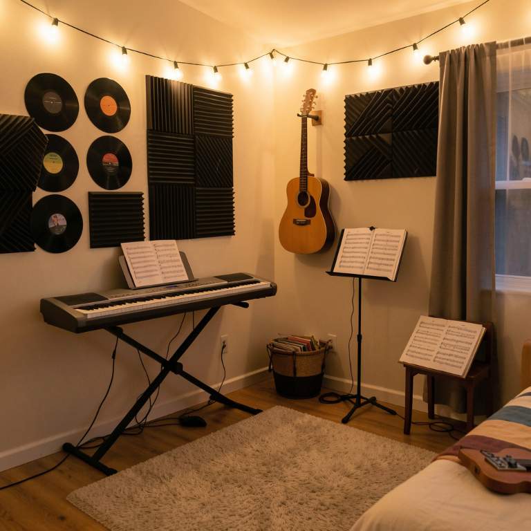 A boy's bedroom with an electric keyboard against a wall, a guitar mounted on a wall hanger, vinyl record decorations, acoustic foam panels in a geometric pattern, sheet music on a stand, warm string lights above, a comfortable rug on the floor, evening ambiance, vertical composition, Pinterest style, no text, no words, no letters, no signs, no watermarks A boy's bedroom with an electric keyboard against a wall, a guitar mounted on a wall hanger, vinyl record decorations, acoustic foam panels in a geometric pattern, sheet music on a stand, warm string lights above, a comfortable rug on the floor, evening ambiance, vertical composition, Pinterest style, no text, no words, no letters, no signs, no watermarks
