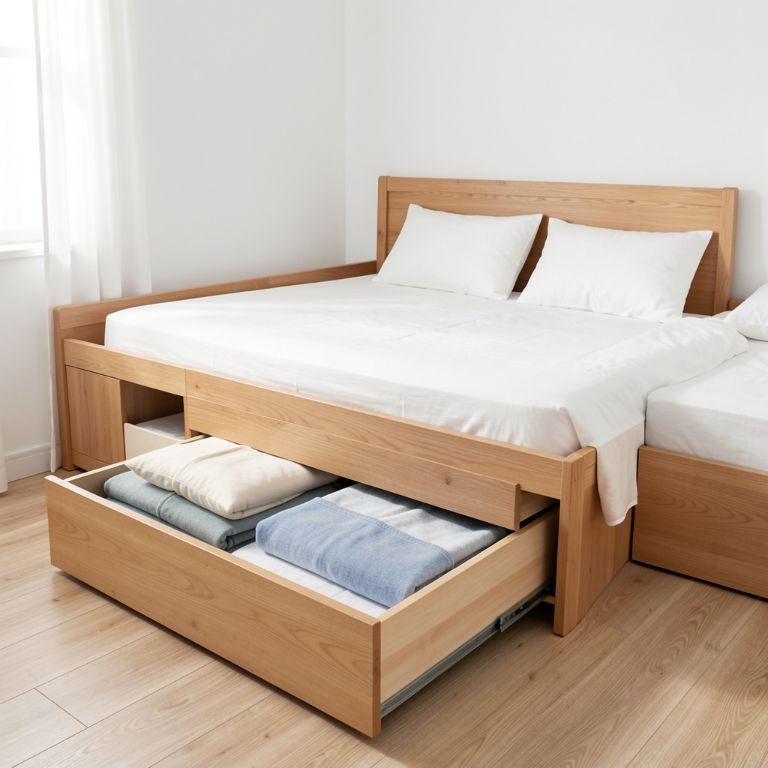 a wooden storage bed with drawers pulled out showing folded blankets and pillows inside, in a small bedroom with white walls, no text, no words, no letters, no signs, no watermarks a wooden storage bed with drawers pulled out showing folded blankets and pillows inside, in a small bedroom with white walls, no text, no words, no letters, no signs, no watermarks