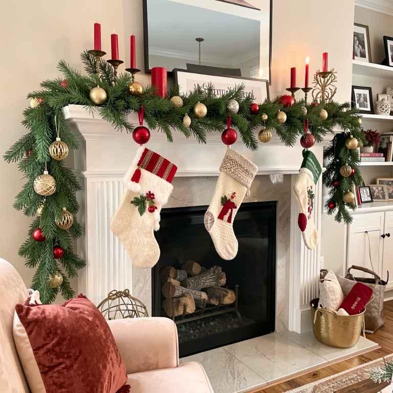 a decorated fireplace mantel with evergreen garland, red candles, gold ornaments, and stockings hanging, cozy living room, no text, no words, no letters, no signs, no watermarks a decorated fireplace mantel with evergreen garland, red candles, gold ornaments, and stockings hanging, cozy living room, no text, no words, no letters, no signs, no watermarks