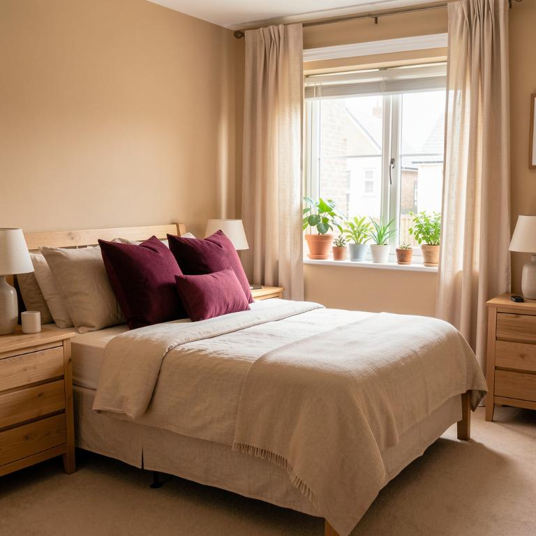 A bedroom with warm beige walls, deep burgundy throw pillows on a linen bedspread, natural wood furniture, soft curtains, plants on a windowsill, natural daylight streaming in, vertical composition, Pinterest style, no text, no words, no letters, no signs, no watermarks