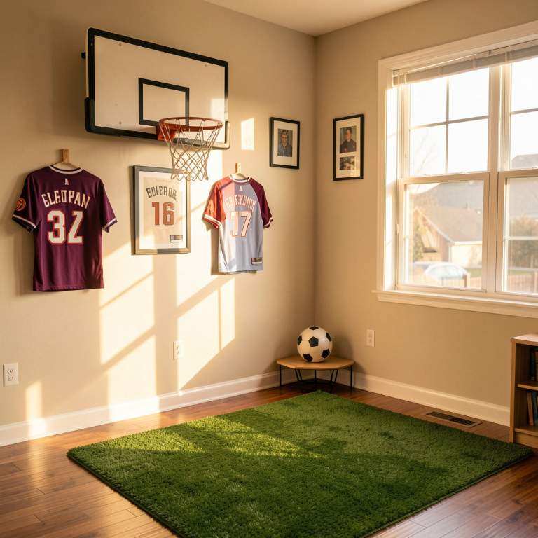 A boy's room with one wall featuring a large basketball hoop mounted on the wall, sports jerseys framed on the wall, a soccer ball on a shelf, green turf-like rug on the hardwood floor, warm afternoon sunlight streaming through the window, vertical composition, Pinterest style, no text, no words, no letters, no signs, no watermarks A boy's room with one wall featuring a large basketball hoop mounted on the wall, sports jerseys framed on the wall, a soccer ball on a shelf, green turf-like rug on the hardwood floor, warm afternoon sunlight streaming through the window, vertical composition, Pinterest style, no text, no words, no letters, no signs, no watermarks