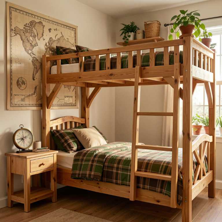 A boy's bedroom with a wooden bunk bed styled like a treehouse, green and brown plaid bedding, a vintage world map on the wall, a compass on the nightstand, potted plants on a shelf, natural morning light, warm earth tones, vertical composition, Pinterest style, no text, no words, no letters, no signs, no watermarks A boy's bedroom with a wooden bunk bed styled like a treehouse, green and brown plaid bedding, a vintage world map on the wall, a compass on the nightstand, potted plants on a shelf, natural morning light, warm earth tones, vertical composition, Pinterest style, no text, no words, no letters, no signs, no watermarks