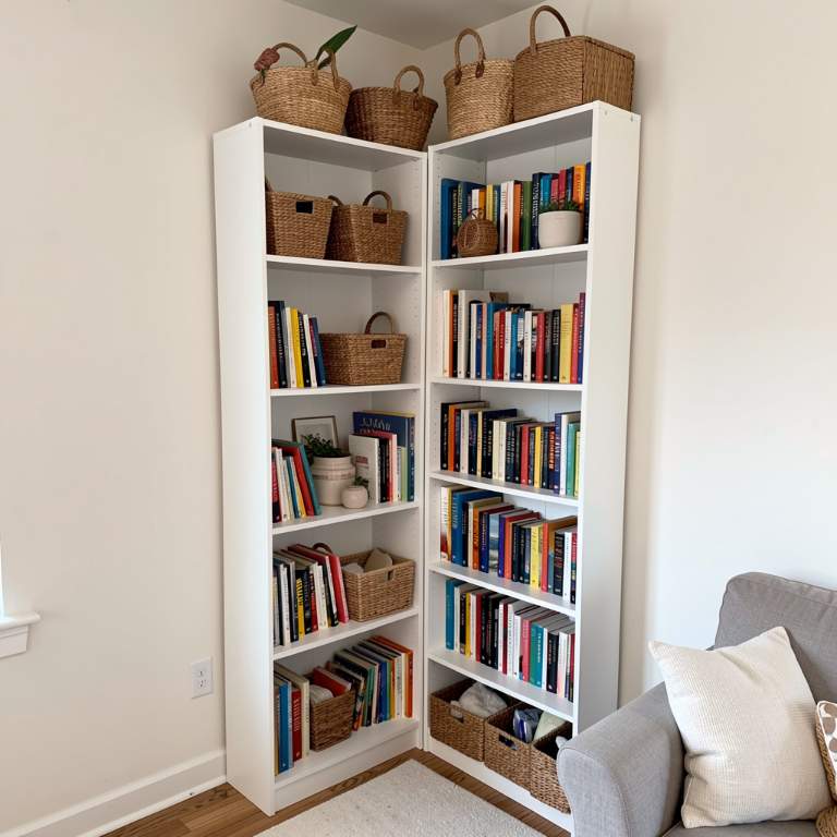 tall white bookshelf filled with books and decorative baskets reaching from floor to ceiling in a small living room corner, no text, no words, no letters, no signs, no watermarks tall white bookshelf filled with books and decorative baskets reaching from floor to ceiling in a small living room corner, no text, no words, no letters, no signs, no watermarks