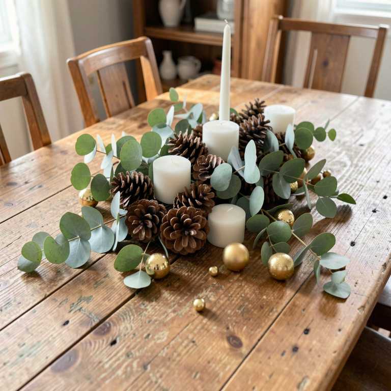 a rustic wooden dining table centerpiece with pinecones, eucalyptus branches, small white candles, and scattered gold ornaments, no text, no words, no letters, no signs, no watermarks a rustic wooden dining table centerpiece with pinecones, eucalyptus branches, small white candles, and scattered gold ornaments, no text, no words, no letters, no signs, no watermarks
