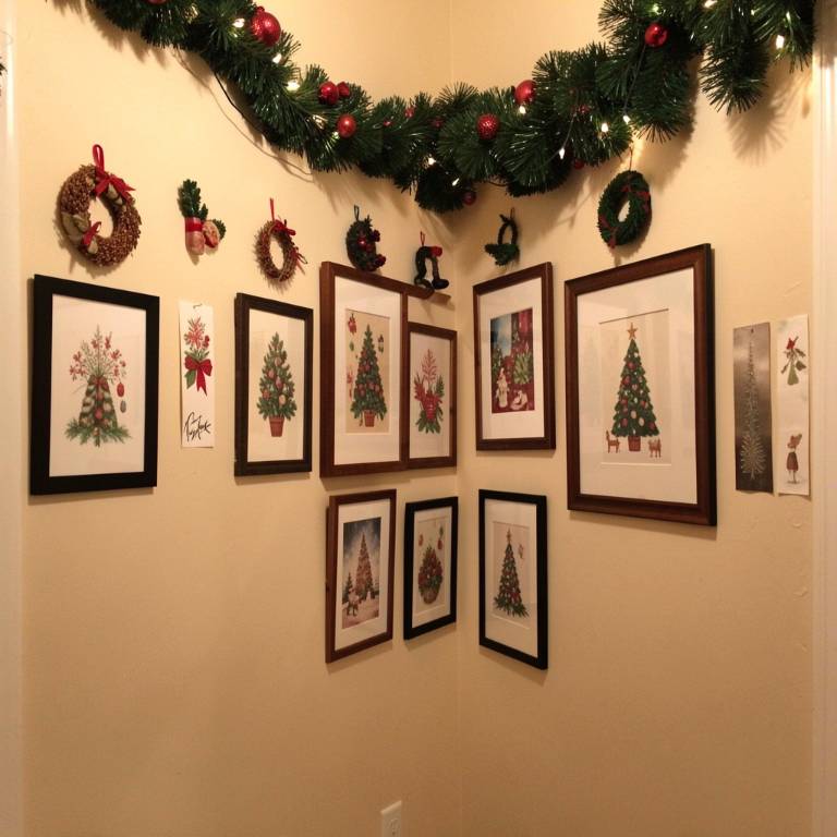 a hallway wall decorated with framed Christmas art prints, small wreaths, and a garland draped along the top, warm lighting, no text, no words, no letters, no signs, no watermarks a hallway wall decorated with framed Christmas art prints, small wreaths, and a garland draped along the top, warm lighting, no text, no words, no letters, no signs, no watermarks