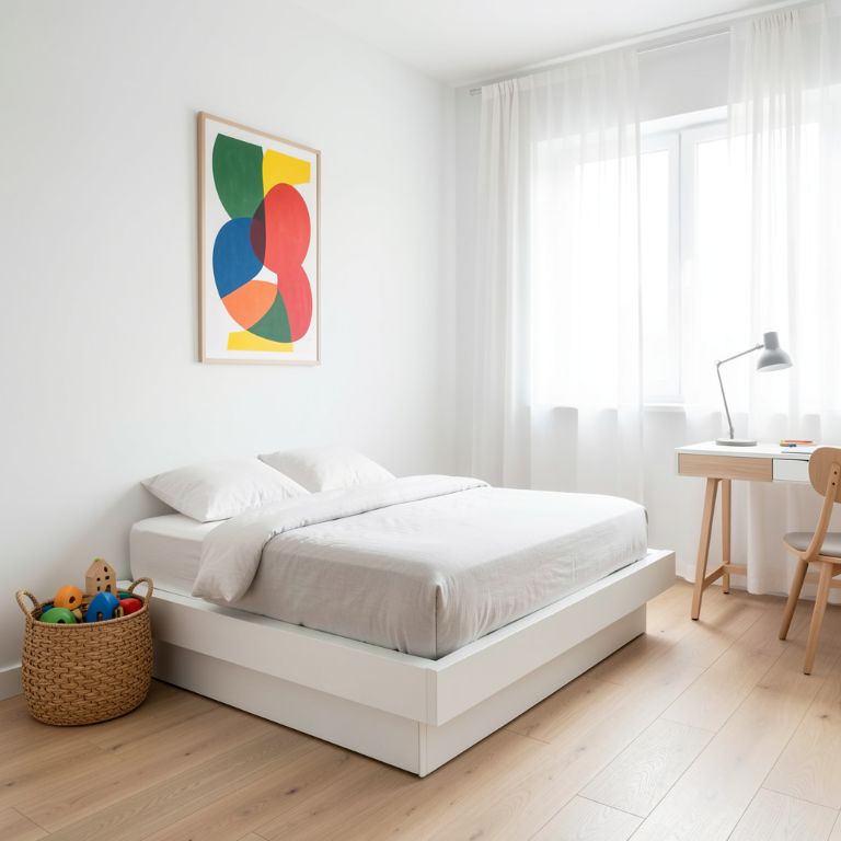 A clean boy's bedroom with a low-profile platform bed, white walls, a single large abstract art print in bold colors, a small desk with a sleek lamp, a woven basket for toys, light oak wood flooring, natural light from sheer curtains, Scandinavian style, vertical composition, Pinterest style, no text, no words, no letters, no signs, no watermarks A clean boy's bedroom with a low-profile platform bed, white walls, a single large abstract art print in bold colors, a small desk with a sleek lamp, a woven basket for toys, light oak wood flooring, natural light from sheer curtains, Scandinavian style, vertical composition, Pinterest style, no text, no words, no letters, no signs, no watermarks
