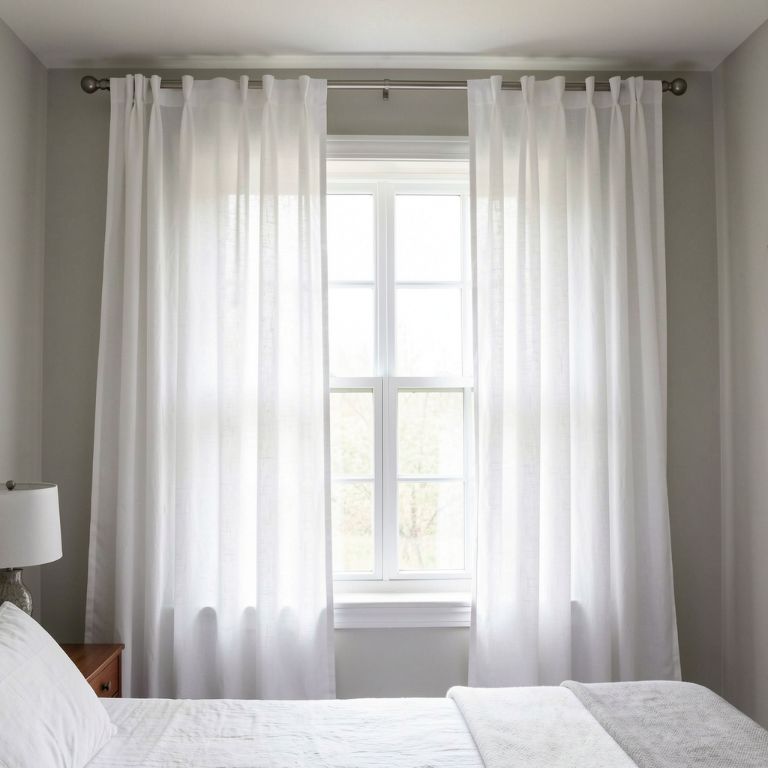 floor-to-ceiling white linen curtains hung from a rod mounted close to the ceiling in a small bedroom, with a window in the center, no text, no words, no letters, no signs, no watermarks floor-to-ceiling white linen curtains hung from a rod mounted close to the ceiling in a small bedroom, with a window in the center, no text, no words, no letters, no signs, no watermarks