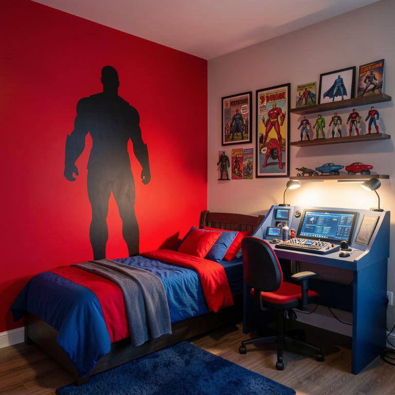 A boy's bedroom with a bold red accent wall featuring a large superhero silhouette decal, comic book page frames on another wall, action figures displayed on floating shelves, blue and red bedding, a desk shaped like a command center, dramatic lighting, vertical composition, Pinterest style, no text, no words, no letters, no signs, no watermarks A boy's bedroom with a bold red accent wall featuring a large superhero silhouette decal, comic book page frames on another wall, action figures displayed on floating shelves, blue and red bedding, a desk shaped like a command center, dramatic lighting, vertical composition, Pinterest style, no text, no words, no letters, no signs, no watermarks