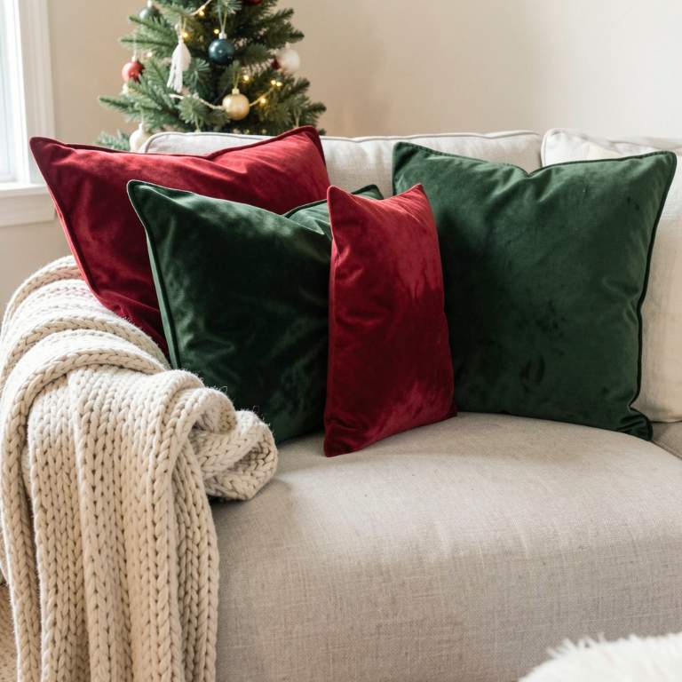 a cozy sofa with red and green velvet throw pillows, a knit blanket draped over the arm, and a small Christmas tree in the background, no text, no words, no letters, no signs, no watermarks a cozy sofa with red and green velvet throw pillows, a knit blanket draped over the arm, and a small Christmas tree in the background, no text, no words, no letters, no signs, no watermarks