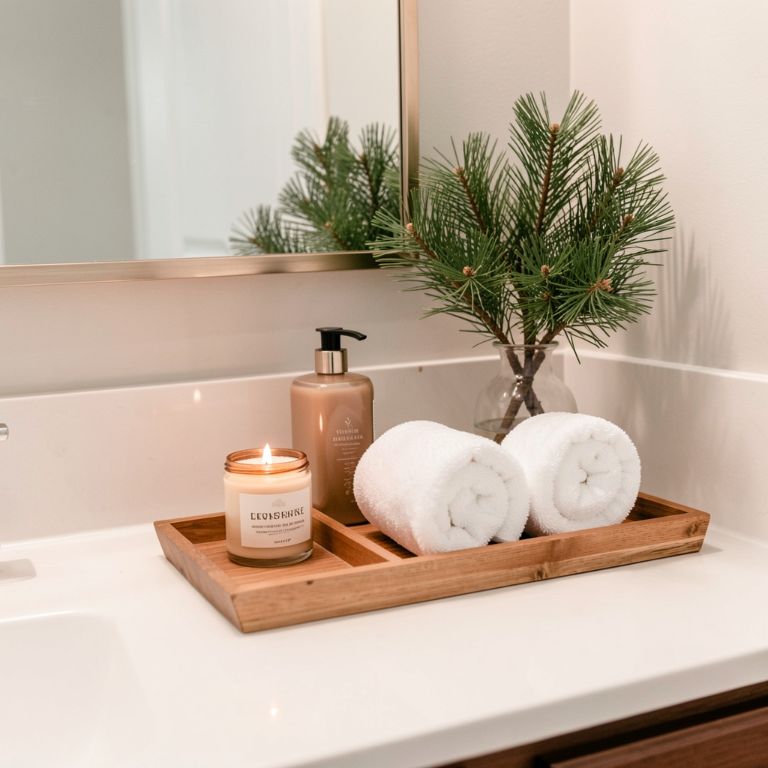 a bathroom vanity with cinnamon-scented candles, a small pine branch in a vase, and a rolled white towel on a wooden tray, no text, no words, no letters, no signs, no watermarks a bathroom vanity with cinnamon-scented candles, a small pine branch in a vase, and a rolled white towel on a wooden tray, no text, no words, no letters, no signs, no watermarks