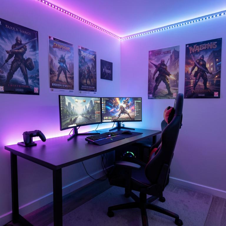 A boy's room with a gaming setup featuring dual monitors on a dark desk, RGB backlighting behind the desk, a comfortable gaming chair, LED strip lights along the ceiling edges, game posters on the wall, controllers on a charging stand, evening ambiance with purple and blue lighting, vertical composition, Pinterest style, no text, no words, no letters, no signs, no watermarks A boy's room with a gaming setup featuring dual monitors on a dark desk, RGB backlighting behind the desk, a comfortable gaming chair, LED strip lights along the ceiling edges, game posters on the wall, controllers on a charging stand, evening ambiance with purple and blue lighting, vertical composition, Pinterest style, no text, no words, no letters, no signs, no watermarks