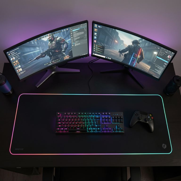 Overhead view of a neatly organized gaming desk with RGB lighting, dual monitors, a mechanical keyboard, and a controller, dark color scheme, clean setup, vertical composition, Pinterest style, no text, no words, no letters, no signs, no watermarks Overhead view of a neatly organized gaming desk with RGB lighting, dual monitors, a mechanical keyboard, and a controller, dark color scheme, clean setup, vertical composition, Pinterest style, no text, no words, no letters, no signs, no watermarks