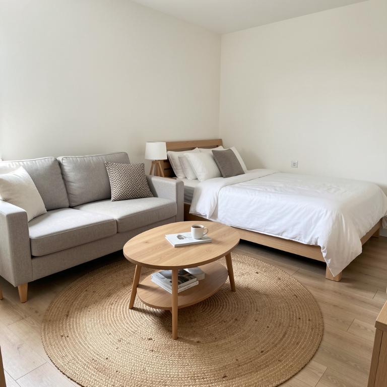 a small studio apartment with a round jute rug under a coffee table separating the living area from a bed area, no text, no words, no letters, no signs, no watermarks a small studio apartment with a round jute rug under a coffee table separating the living area from a bed area, no text, no words, no letters, no signs, no watermarks
