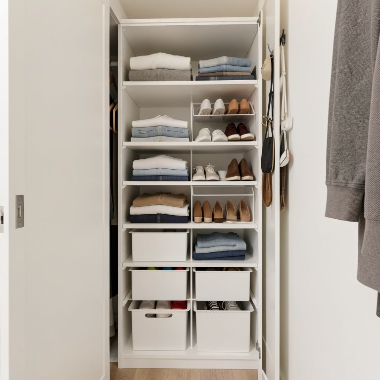 a neatly organized small bedroom closet with matching white bins, folded clothes on shelves, and shoes in a hanging organizer, no text, no words, no letters, no signs, no watermarks a neatly organized small bedroom closet with matching white bins, folded clothes on shelves, and shoes in a hanging organizer, no text, no words, no letters, no signs, no watermarks