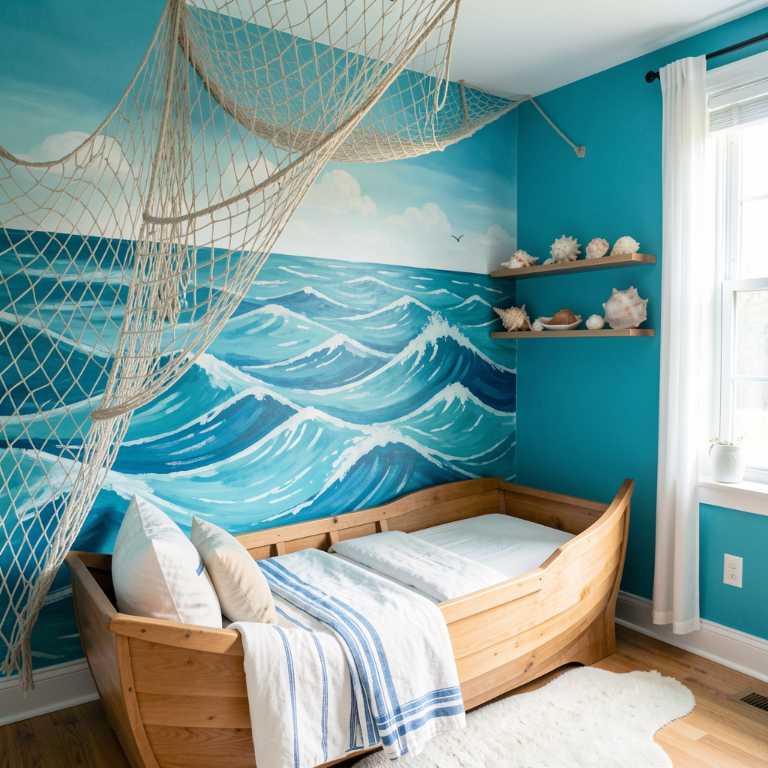 A boy's bedroom with turquoise blue walls, a wave-patterned accent wall with a painted ocean mural, a boat-shaped bed, fish netting draped from the ceiling corner, seashells on a shelf, soft white bedding with blue stripes, natural light, coastal atmosphere, vertical composition, Pinterest style, no text, no words, no letters, no signs, no watermarks A boy's bedroom with turquoise blue walls, a wave-patterned accent wall with a painted ocean mural, a boat-shaped bed, fish netting draped from the ceiling corner, seashells on a shelf, soft white bedding with blue stripes, natural light, coastal atmosphere, vertical composition, Pinterest style, no text, no words, no letters, no signs, no watermarks