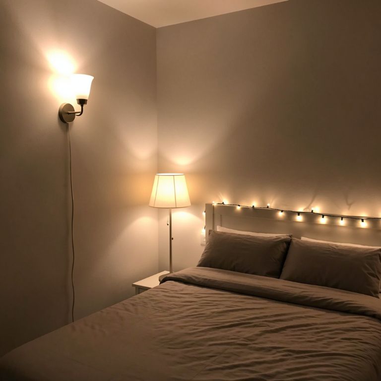 a small bedroom with a wall-mounted sconce, a floor lamp in the corner, and string lights along the headboard, creating warm layered lighting, no text, no words, no letters, no signs, no watermarks a small bedroom with a wall-mounted sconce, a floor lamp in the corner, and string lights along the headboard, creating warm layered lighting, no text, no words, no letters, no signs, no watermarks