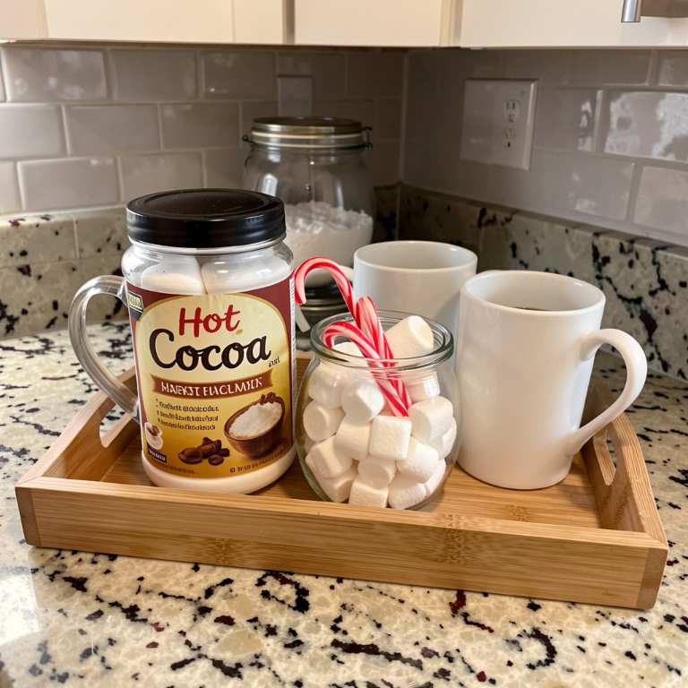 a kitchen counter with a wooden tray holding a hot cocoa mix jar, marshmallows in a glass container, candy canes, and two white mugs, no text, no words, no letters, no signs, no watermarks a kitchen counter with a wooden tray holding a hot cocoa mix jar, marshmallows in a glass container, candy canes, and two white mugs, no text, no words, no letters, no signs, no watermarks