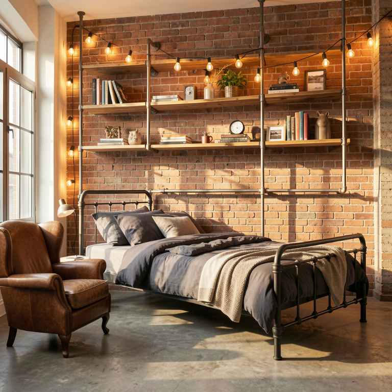 A boy's bedroom with exposed brick accent wall, metal pipe shelving with wood planks, Edison bulb string lights, a metal-framed bed with dark gray bedding, a vintage leather chair, concrete-look flooring, warm afternoon light, urban loft feel, vertical composition, Pinterest style, no text, no words, no letters, no signs, no watermarks A boy's bedroom with exposed brick accent wall, metal pipe shelving with wood planks, Edison bulb string lights, a metal-framed bed with dark gray bedding, a vintage leather chair, concrete-look flooring, warm afternoon light, urban loft feel, vertical composition, Pinterest style, no text, no words, no letters, no signs, no watermarks