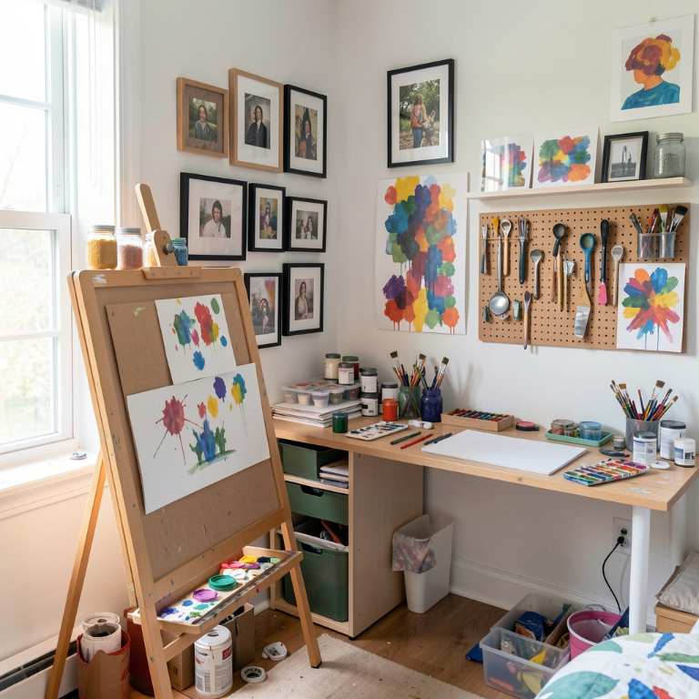 A boy's bedroom with a large easel by the window, paint supplies organized in mason jars on a shelf, a gallery wall of framed artwork, a pegboard with art tools, colorful abstract prints, a messy but organized art desk, bright natural light, creative atmosphere, vertical composition, Pinterest style, no text, no words, no letters, no signs, no watermarks A boy's bedroom with a large easel by the window, paint supplies organized in mason jars on a shelf, a gallery wall of framed artwork, a pegboard with art tools, colorful abstract prints, a messy but organized art desk, bright natural light, creative atmosphere, vertical composition, Pinterest style, no text, no words, no letters, no signs, no watermarks