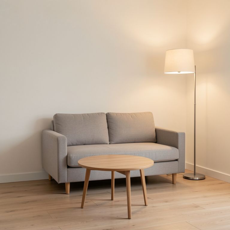 a small living room with a compact loveseat, a round coffee table, and a slim floor lamp, all scaled to fit the space comfortably, no text, no words, no letters, no signs, no watermarks a small living room with a compact loveseat, a round coffee table, and a slim floor lamp, all scaled to fit the space comfortably, no text, no words, no letters, no signs, no watermarks