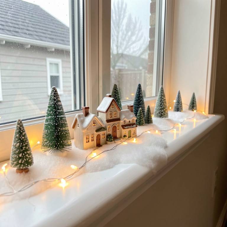 a wide window sill with a small ceramic Christmas village display, white fake snow, tiny evergreen trees, and warm fairy lights, no text, no words, no letters, no signs, no watermarks a wide window sill with a small ceramic Christmas village display, white fake snow, tiny evergreen trees, and warm fairy lights, no text, no words, no letters, no signs, no watermarks