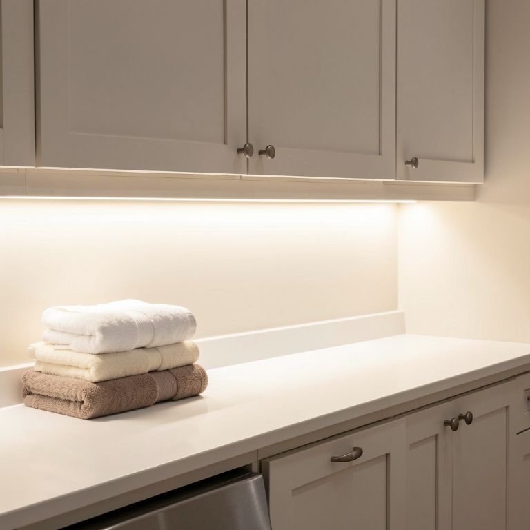 Laundry room with layered LED lighting Laundry room with warm LED under-cabinet lighting