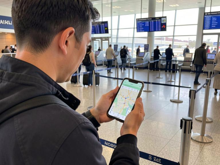 New immigrant using smartphone app at US airport