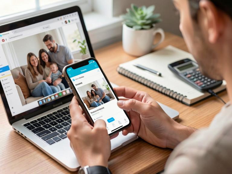 Immigrant using money transfer app to send remittances home