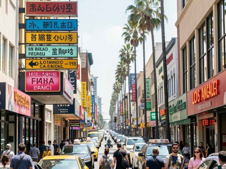 Los Angeles street with multilingual signs representing immigrant communities