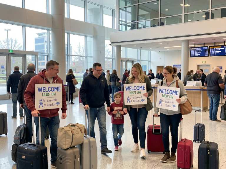 Immigrant family arriving at a US airport starting their new life