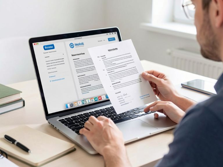 Person reviewing resume on laptop at desk