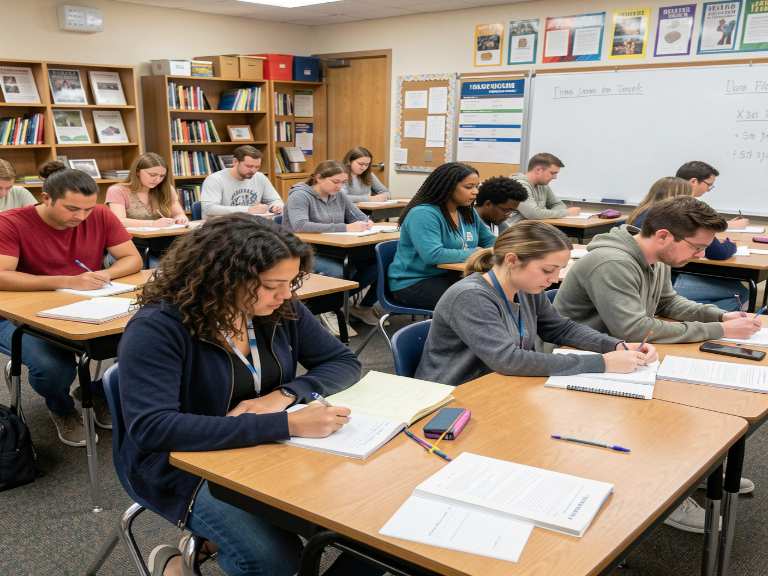 Diverse adult students in a community college classroom