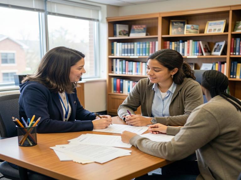 Financial aid advisor reviewing documents with a student in a college office
