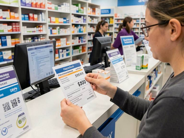 Person comparing prescription drug prices at pharmacy counter