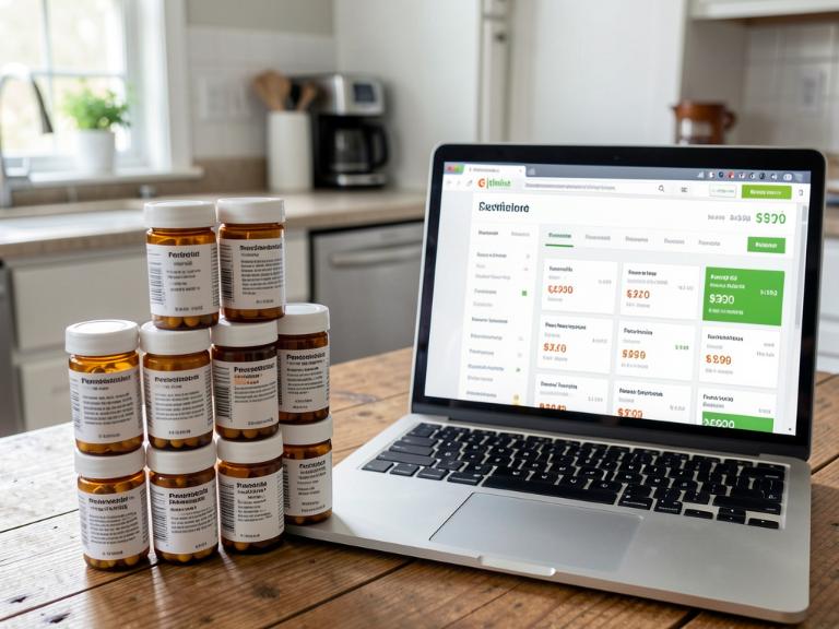 Prescription bottles and laptop showing drug price comparison