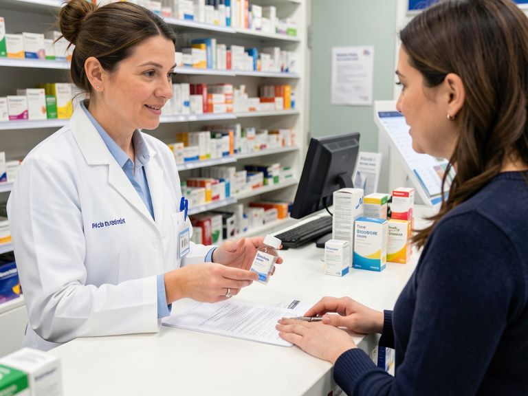 Pharmacist discussing prescription options with customer