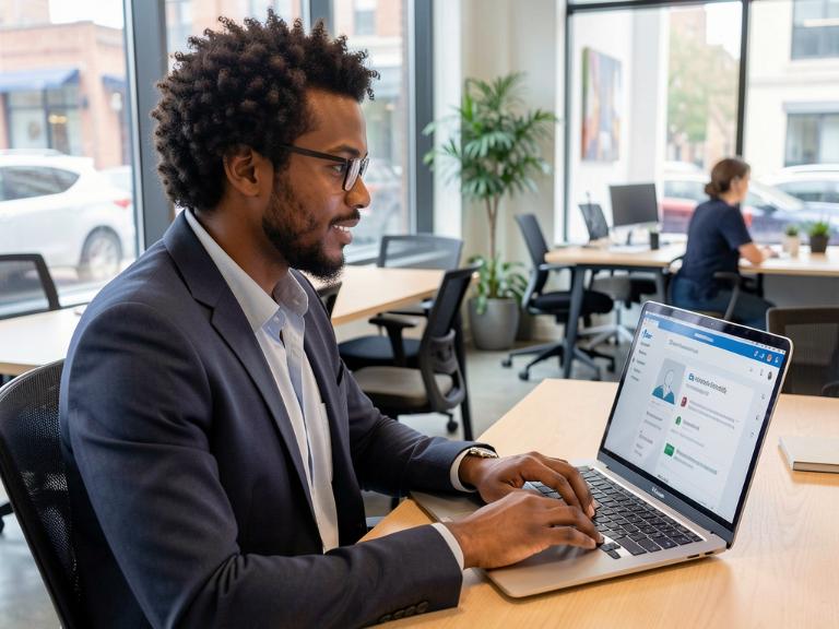 Professional using LinkedIn on laptop in co-working space