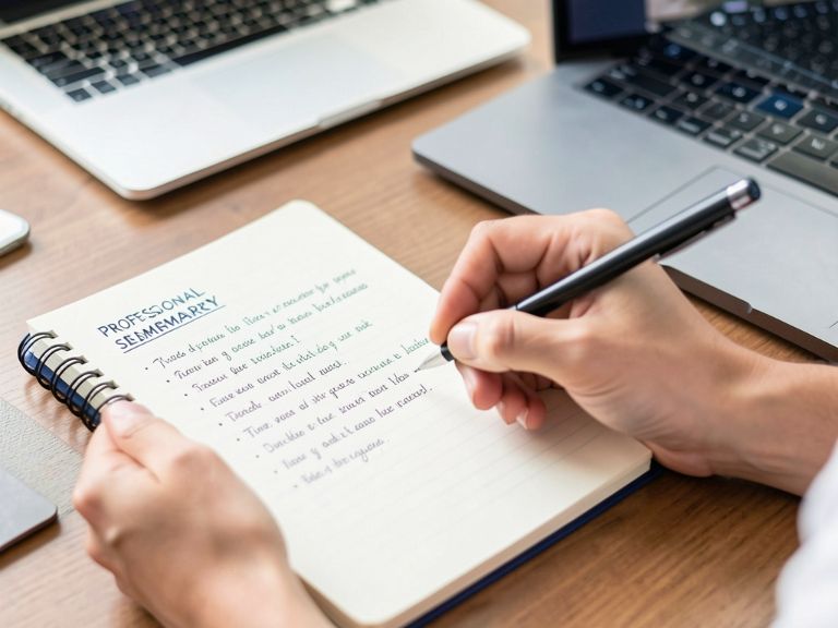 Person writing professional summary for LinkedIn profile
