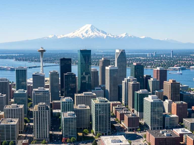 Seattle skyline with Space Needle and Mount Rainier