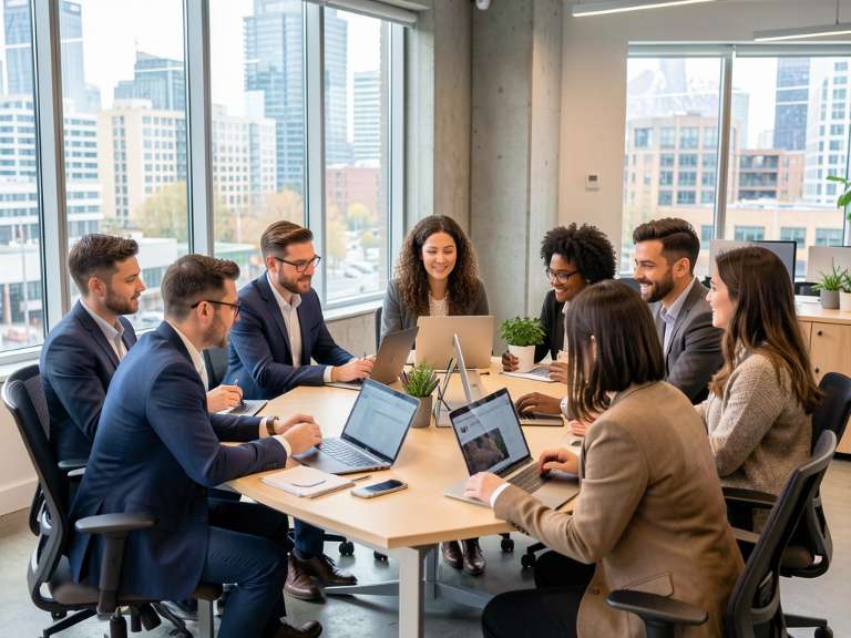 diverse professionals collaborating in a Seattle tech office