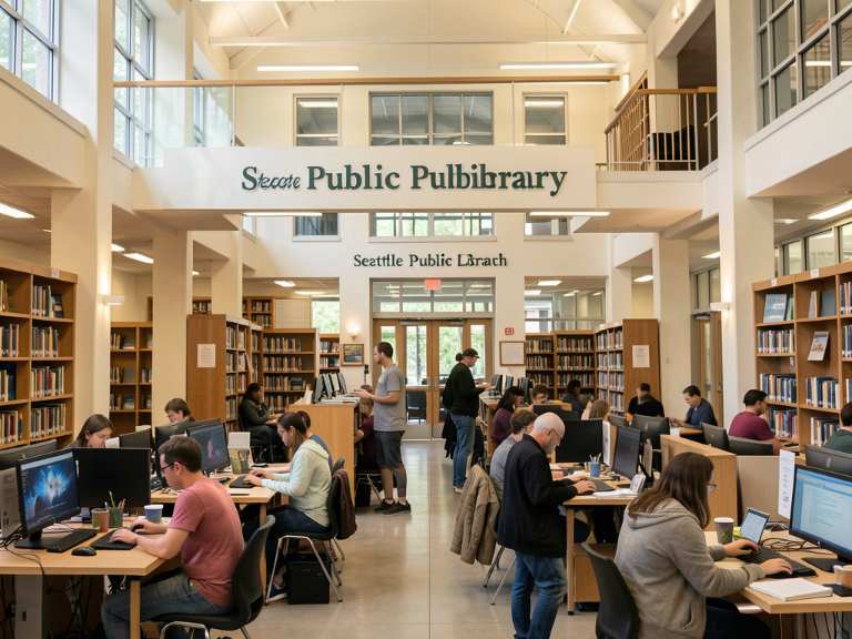 interior of Seattle Public Library Central Branch with visitors