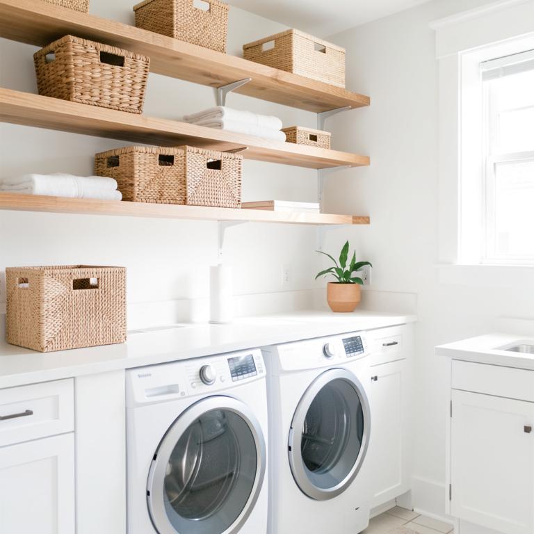 Modern laundry room with open shelving bright laundry room with wooden shelves and woven baskets