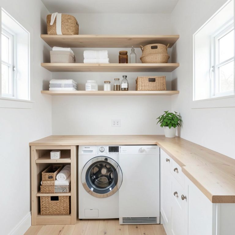 Bright Scandinavian laundry room design Scandinavian laundry room with light wood and white walls